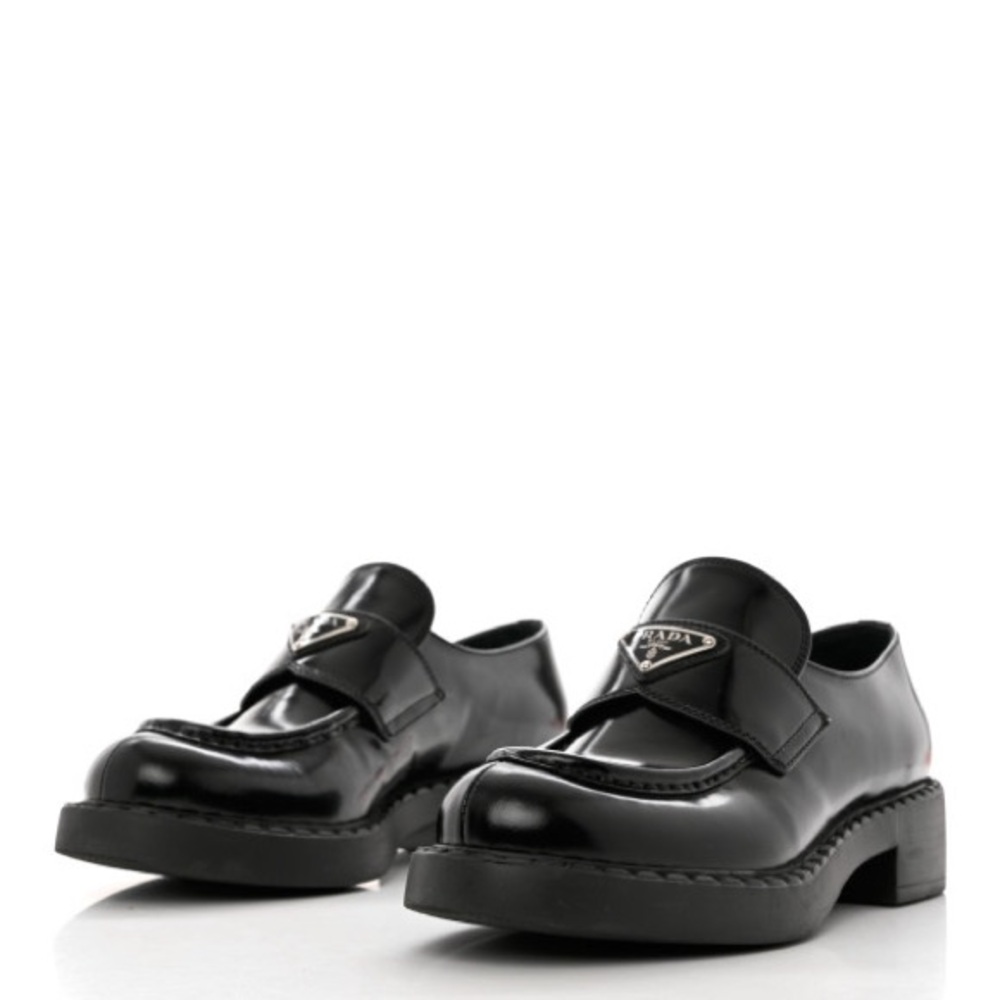 Prada Spazzolato Metal Triangle Logo Loafers (Size 39)